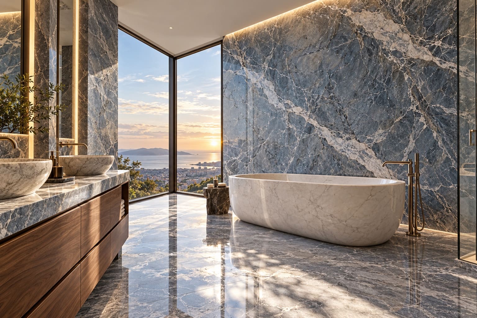 Bathroom with blue marble slab walls and a stone tub