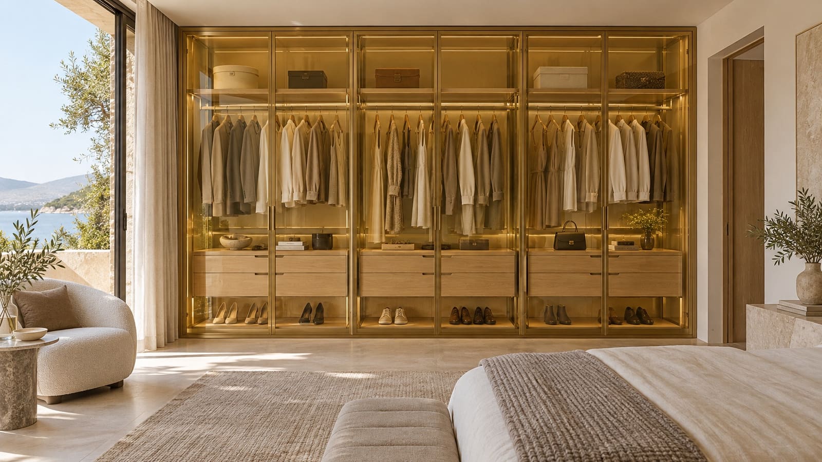 Walk-in wardrobe with bronze glass doors