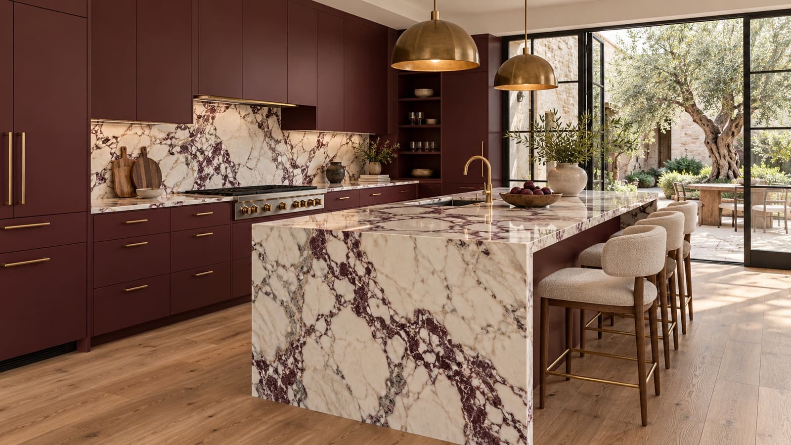 Burgundy kitchen with a marble island