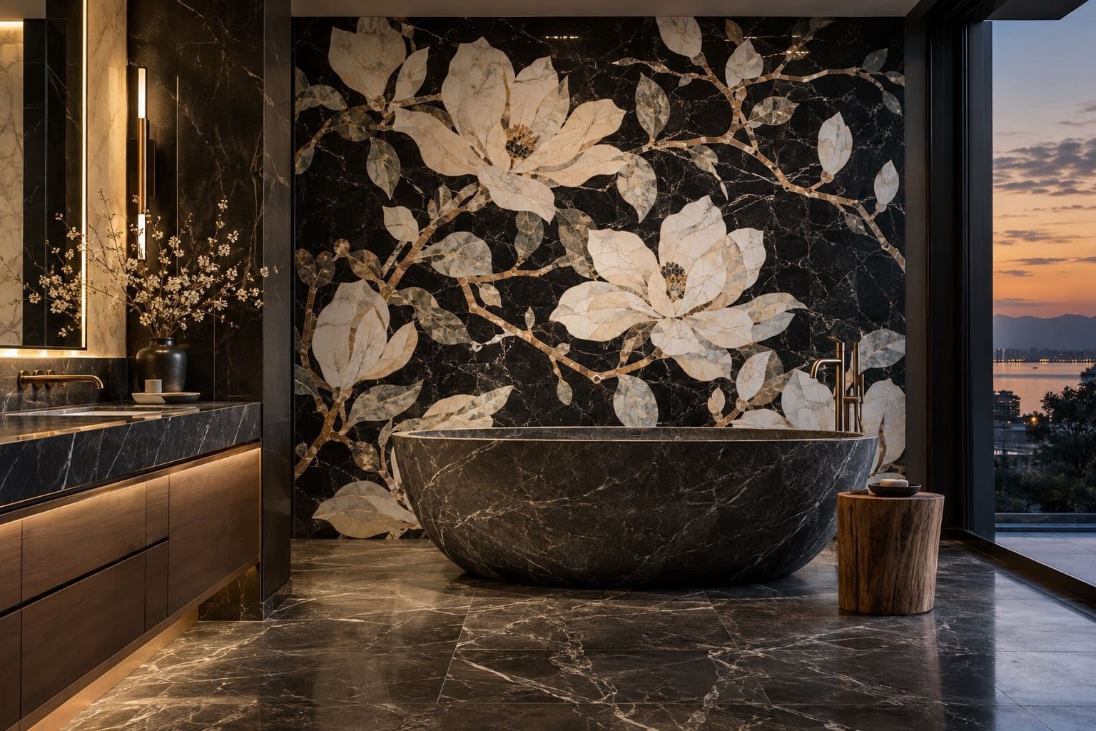 Magnolia mosaic in natural stone behind a stone bathtub