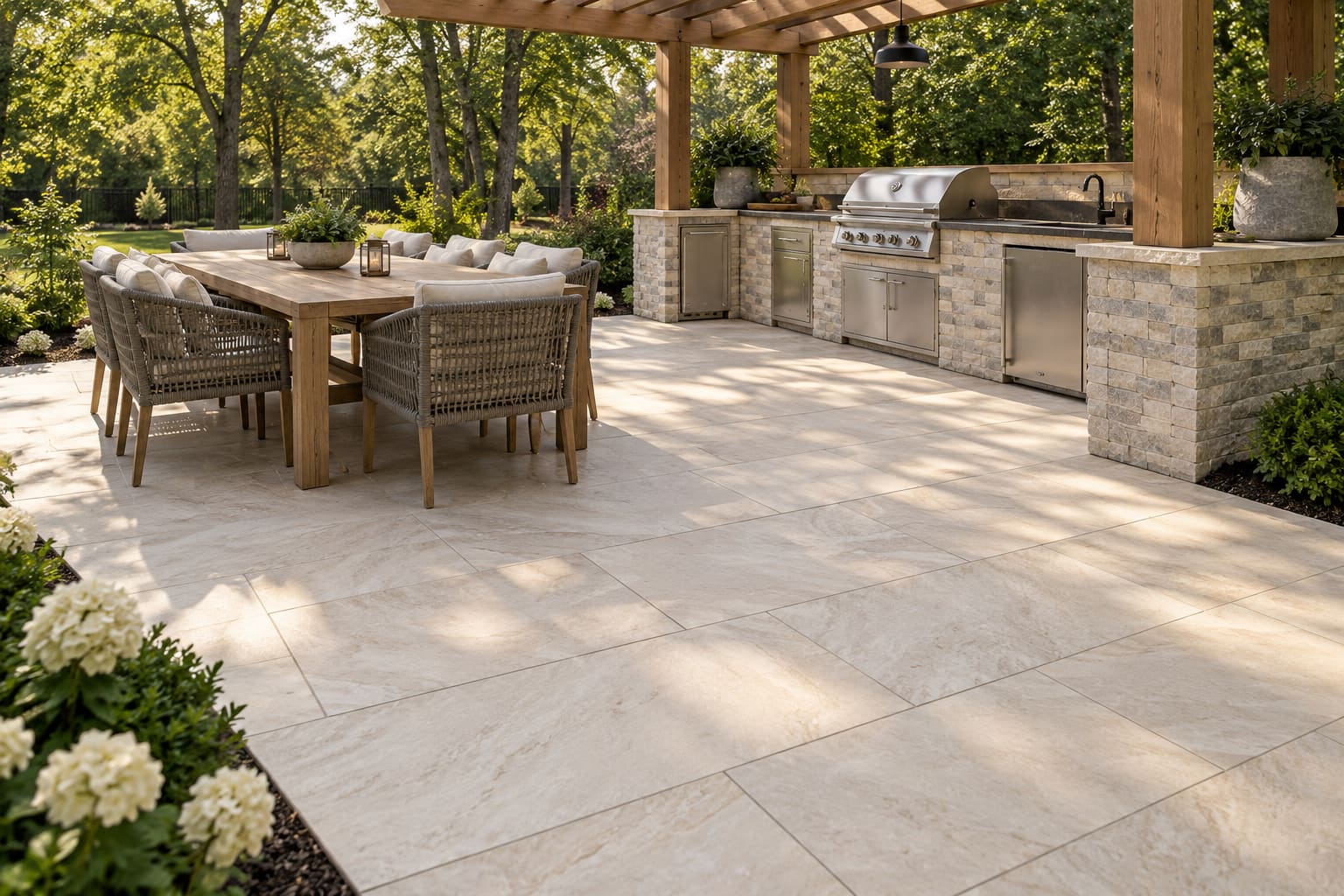 Outdoor kitchen under a pergola on ivory porcelain pavers