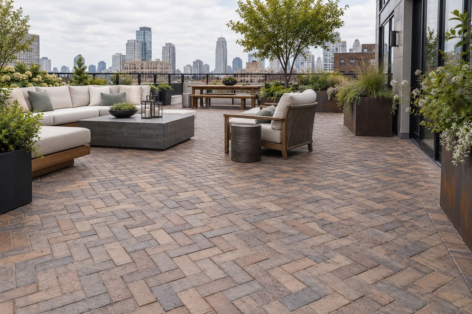 City roof terrace in porcelain pavers