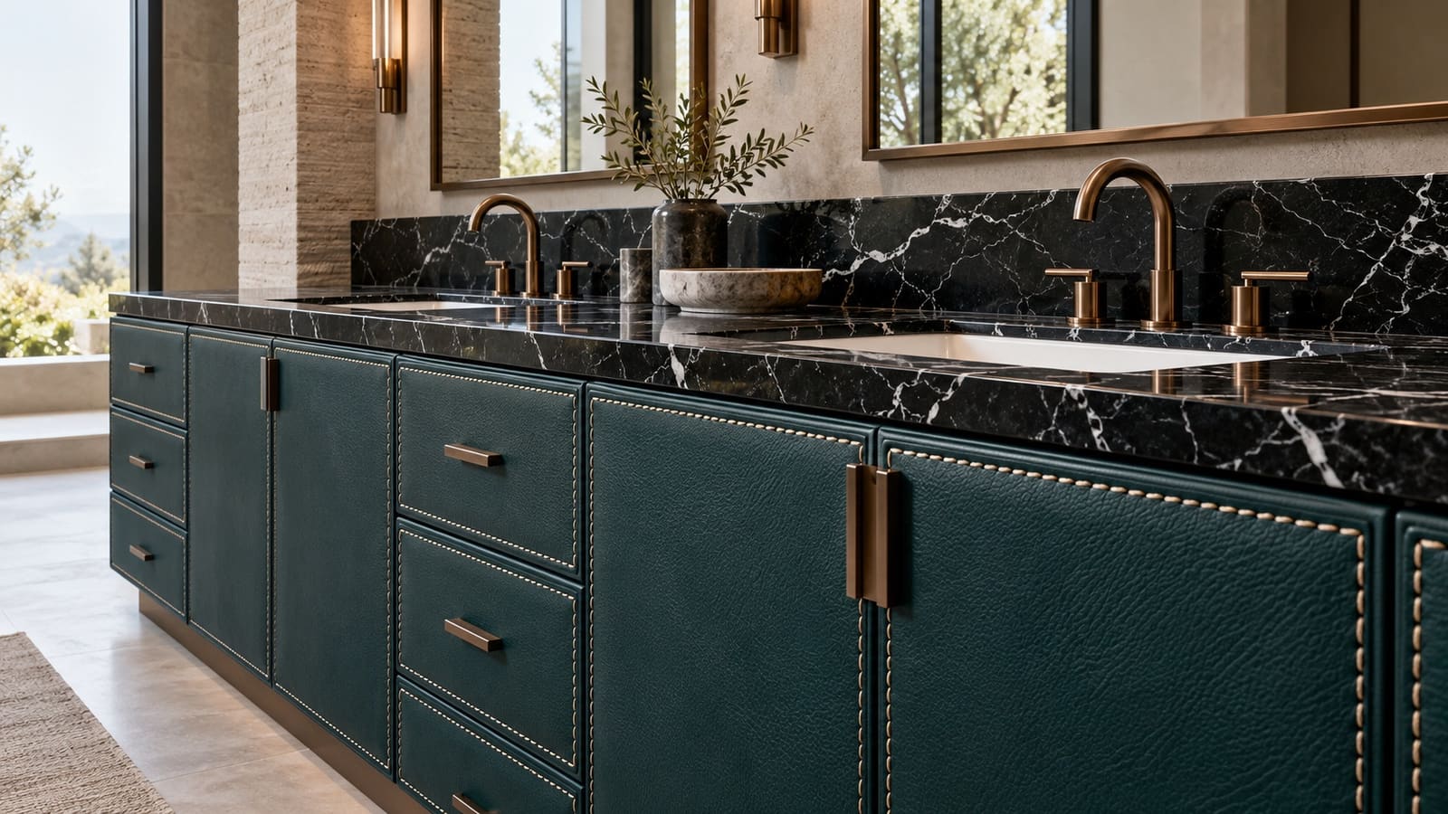 Leather-look vanity with a Nero marble top