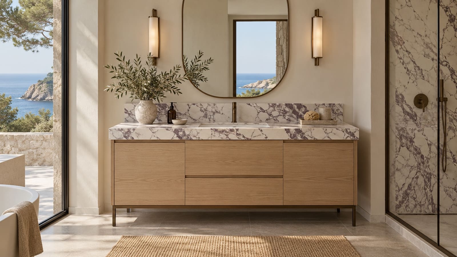 Oak vanity with a Calacatta Viola top