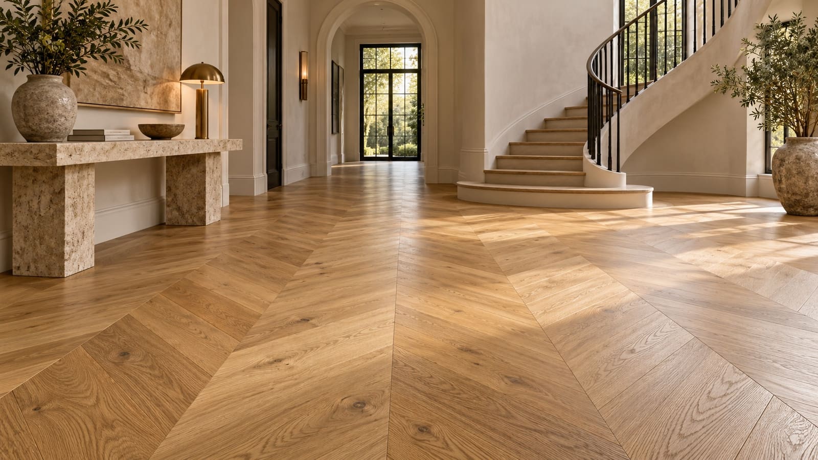 Entrance hall with oak floor and curved stair