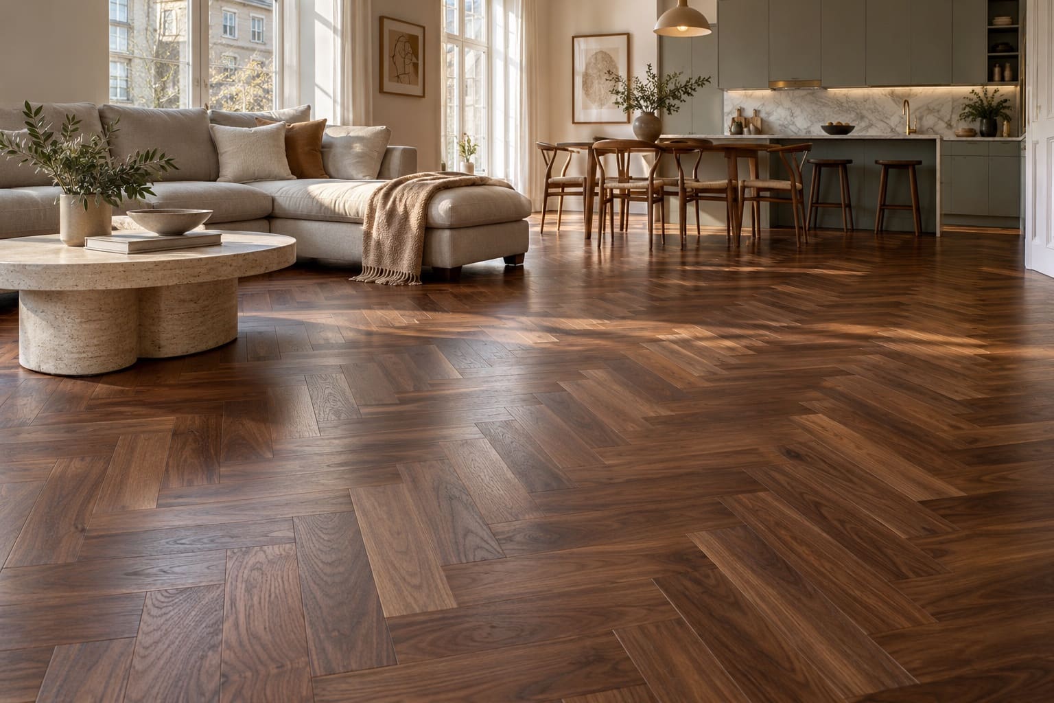 Room with a walnut chevron floor