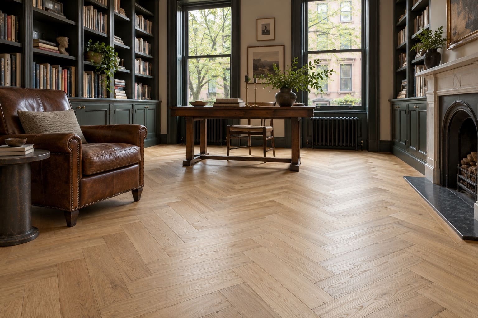 Library with a herringbone oak floor