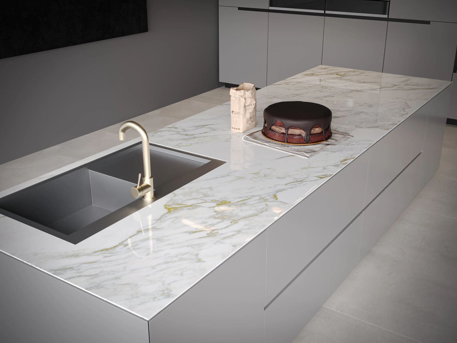 Stone island with mitred waterfall edge
