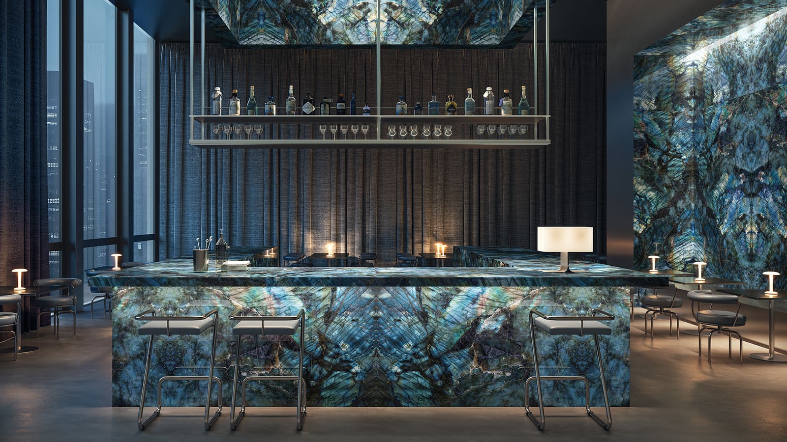 A floor-to-ceiling porcelain slab wall in a finished living room