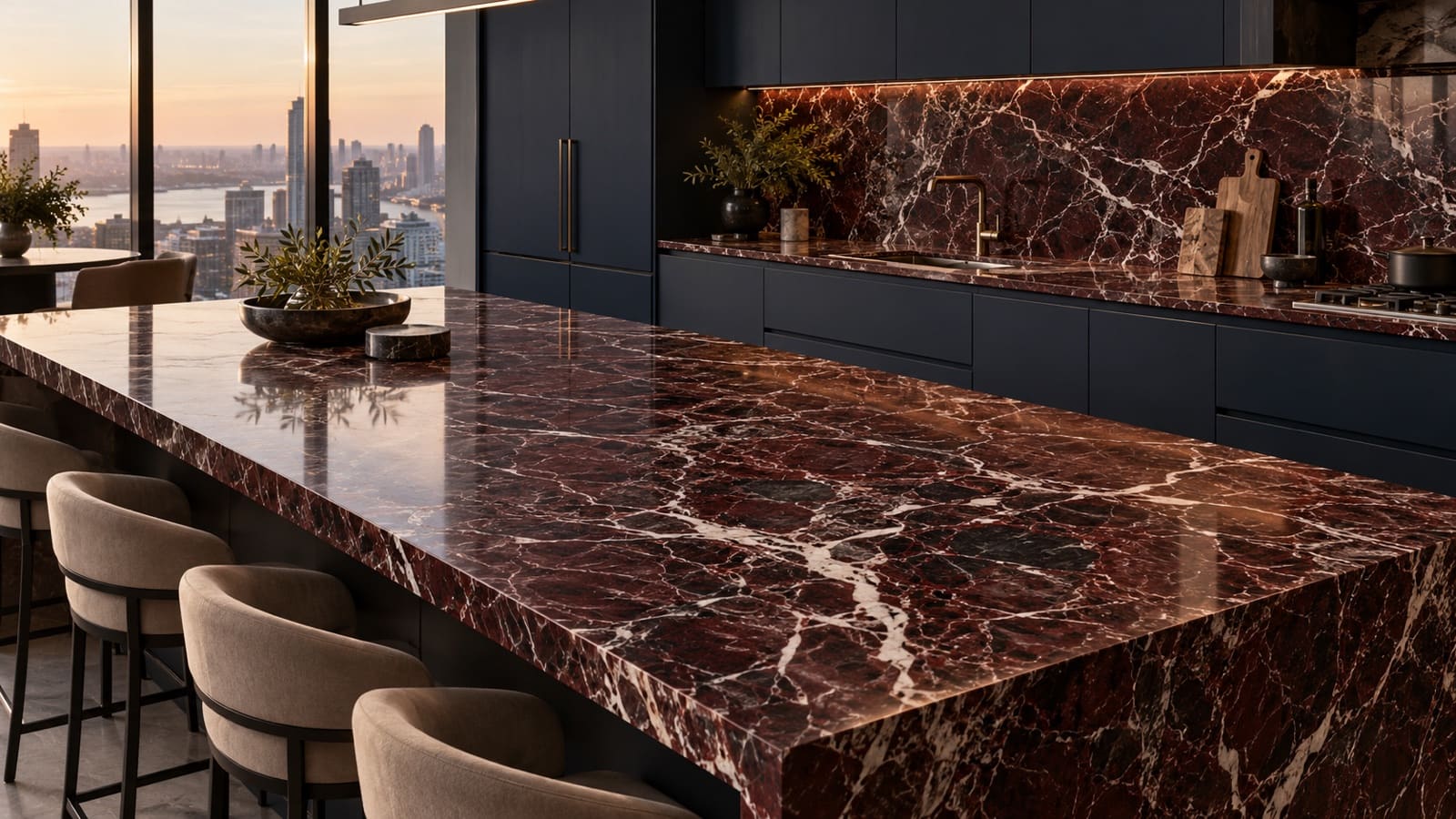 Kitchen island in Rosso Levanto marble