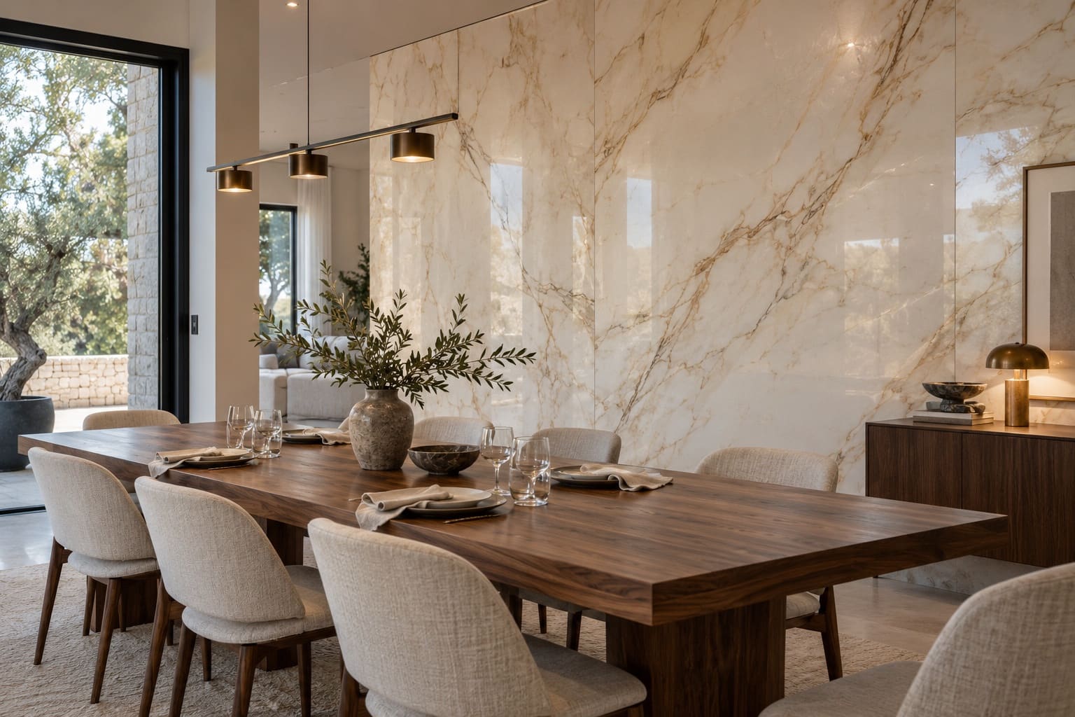 Dining room with a book-matched porcelain slab wall