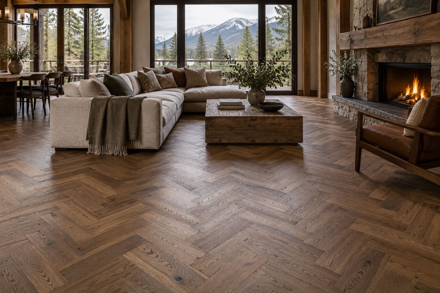 Lounge with an antique oak herringbone floor