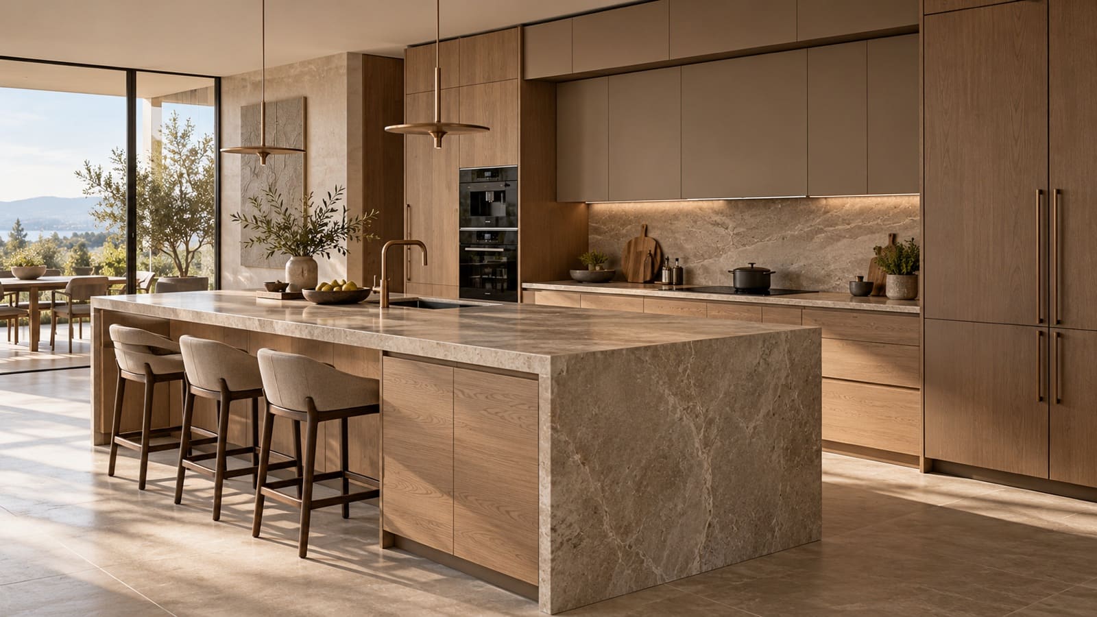Kitchen with a stone waterfall island and oak cabinetry