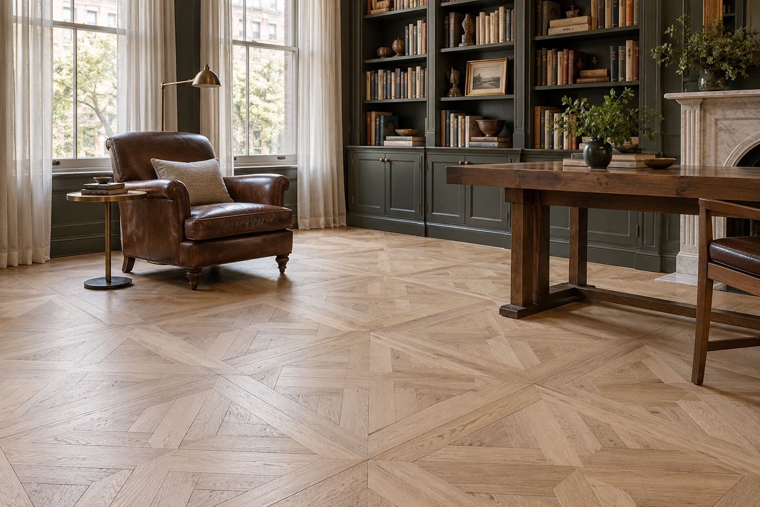 Library with a Versailles oak parquet floor