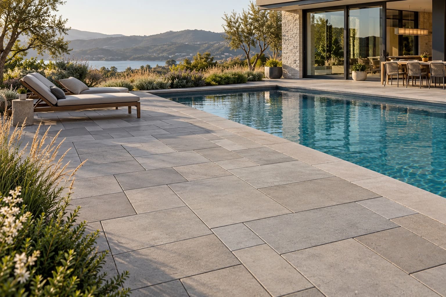 Villa pool terrace in porcelain pavers