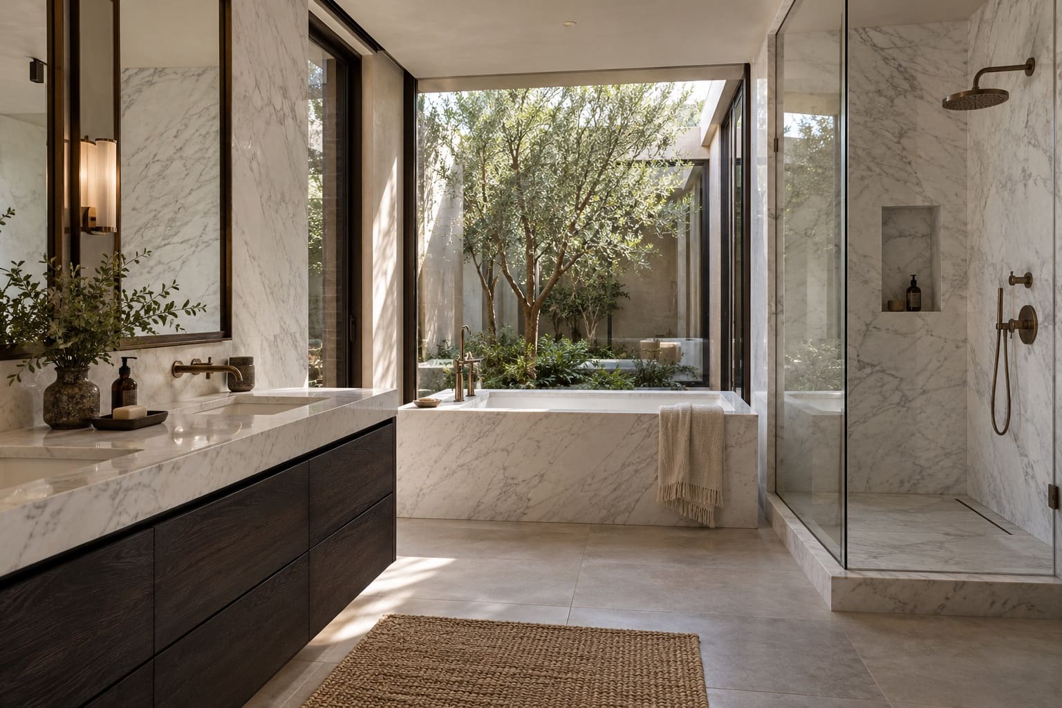 Bathroom with a Carrara marble vanity and walnut cabinetry