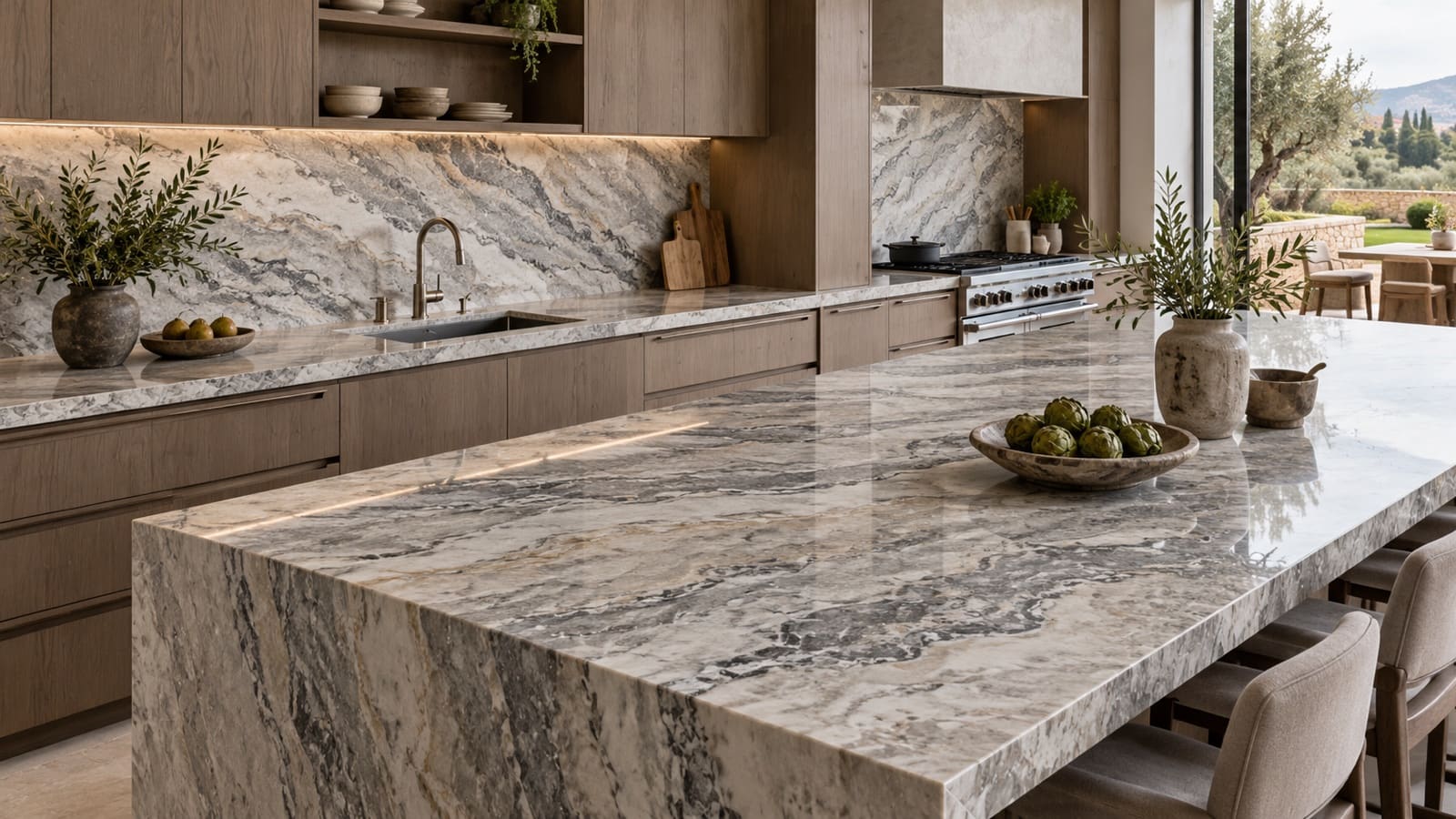 Kitchen island in Silver Wave marble